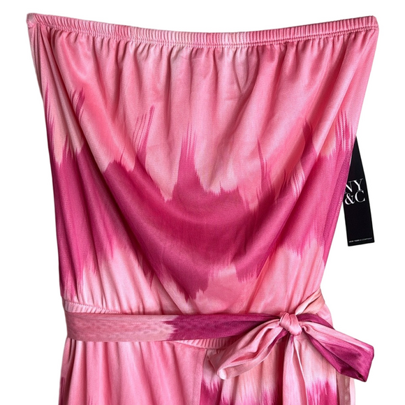 New York & Co Sweet Pea Pink Tie-Dye Strapless Boho Wide-Leg Jumpsuit XS New - Picture 6 of 17
